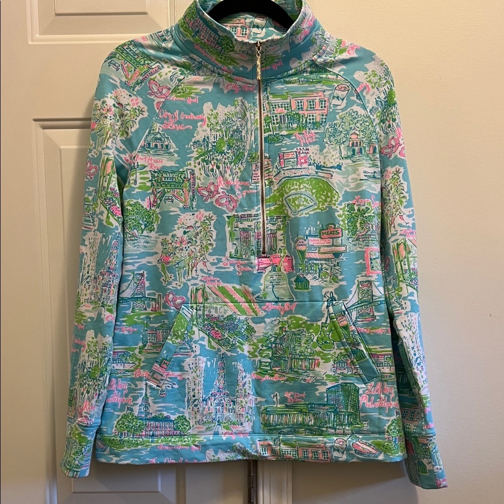 Lilly Pulitzer Blue and Pink Printed skipper 1/2 zipper top size M